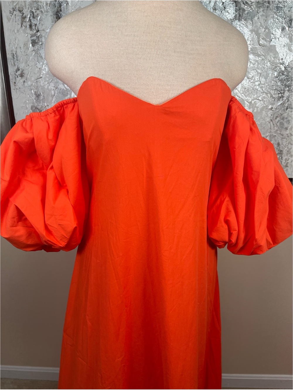 CAROLINE CONSTAS Lucia Off the Shoulder Puff Sleeve Ruffle Hem Orange Maxi Sz L - Picture 4 of 8